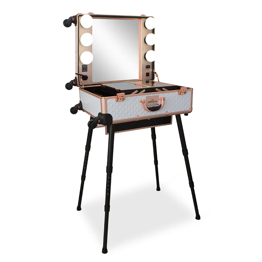 SlayCase® Pro Vanity Travel Train Case with Stand in White & Rose Gold Studded - Image 2