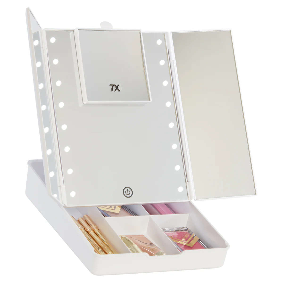 Touch Trifold LED Makeup Mirror with Vanity Organizer - Image 4